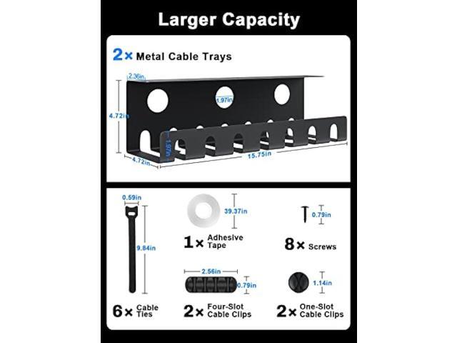2 Pack Under Desk Cable Management Tray, Metal Cable Tray Basket for Wire Management, No Drill/Drill PC Cord Organizer for Home Office Computer...