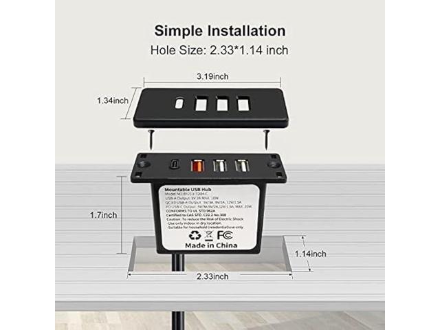Powered USB C Hub Socket Recessed USB C Power Strip Outlet with Fast Charge 4 USB Ports 20W Mounted into Bed Desk Table Sofa (Black)