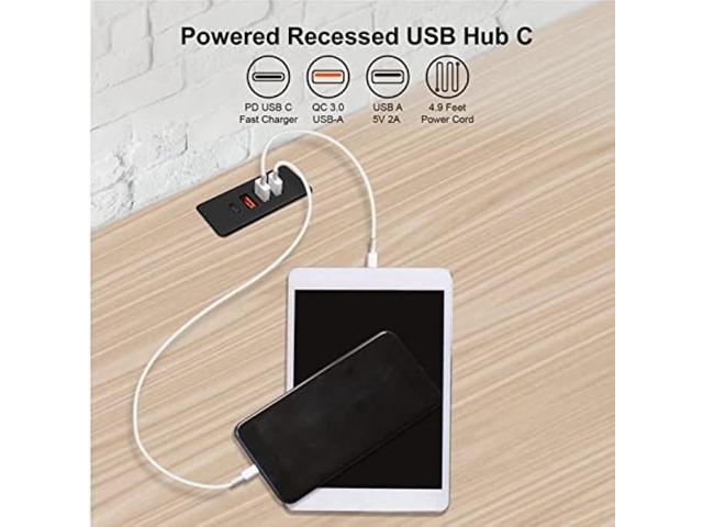 Powered USB C Hub Socket Recessed USB C Power Strip Outlet with Fast Charge 4 USB Ports 20W Mounted into Bed Desk Table Sofa (Black)