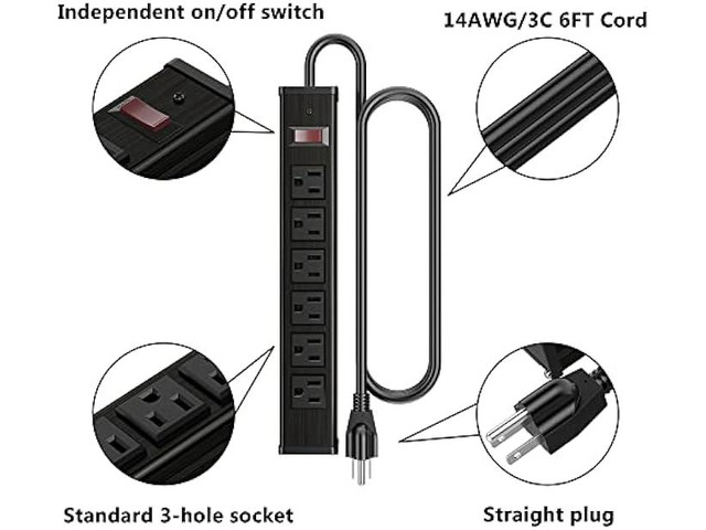 Metal Socket Wall Mount Power Strip,Oviitech 6 Outlets Heavy Duty Power Strip, 6-Foot SJT 3/C 14AWG Extension Cord, Mounting Brackets...