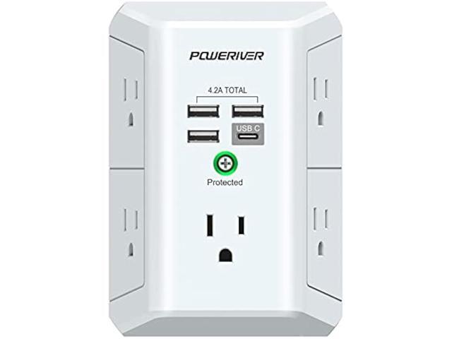 USB Wall Charger,POWERIVER Multi Outlet Extender Surge Protector with 4 USB Ports(1 USB C,4.2A Total) 1680J Power Strip Multi Plug Wall Outlet...