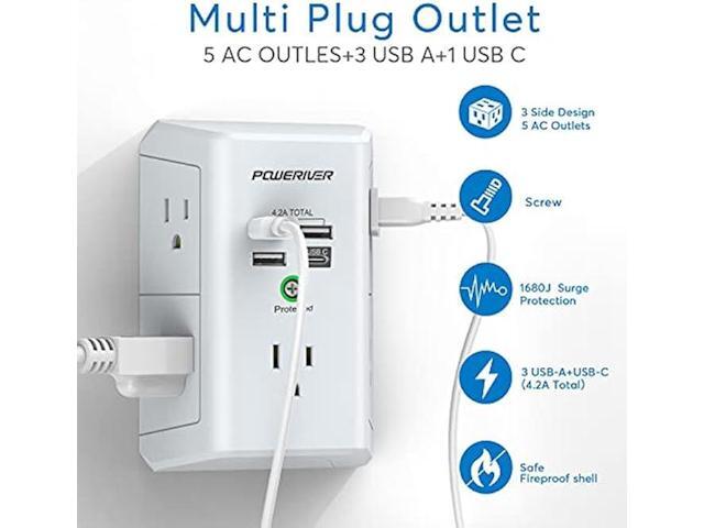 USB Wall Charger,POWERIVER Multi Outlet Extender Surge Protector with 4 USB Ports(1 USB C,4.2A Total) 1680J Power Strip Multi Plug Wall Outlet...