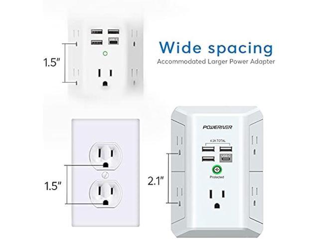 USB Wall Charger,POWERIVER Multi Outlet Extender Surge Protector with 4 USB Ports(1 USB C,4.2A Total) 1680J Power Strip Multi Plug Wall Outlet...