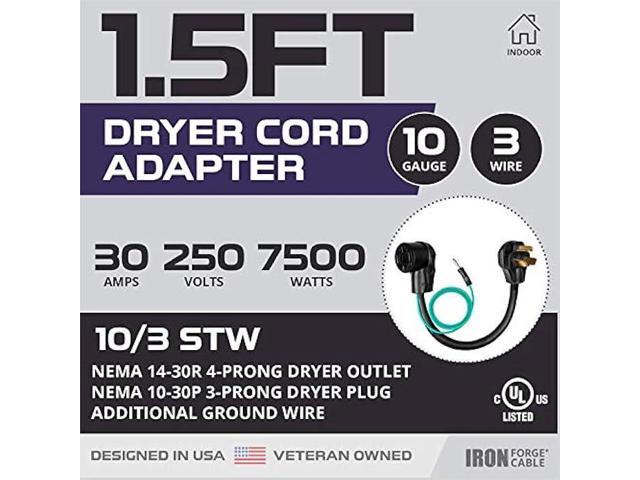IRON FORGE CABLE 4 Prong to 3 Prong Dryer Plug Adapter - 10/3 STW 1.5 Ft Black Outlet Adapter for Dryer - NEMA 14-30R to 10-30P
