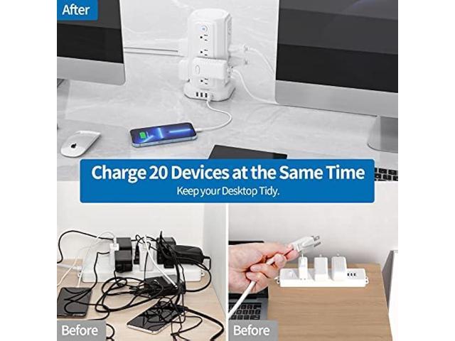 Power Strip Tower Surge Protector, 16 Outlet Desktop Charging Station, Individual Switch, 5 ft Flat Plug Extension Cord with Multiple Outlets, for...