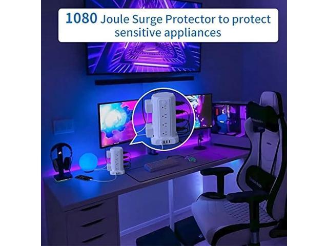 Power Strip Tower Surge Protector, 16 Outlet Desktop Charging Station, Individual Switch, 5 ft Flat Plug Extension Cord with Multiple Outlets, for...