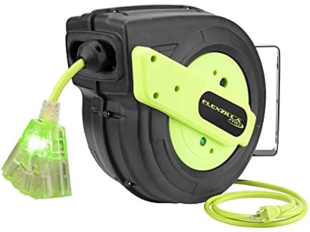 Flexzilla Retractable Extension Cord Reel, 12/3 AWG SJTOW Cord, 60', Grounded Triple Tap Outlet, ZillaGreen, FZ8120603