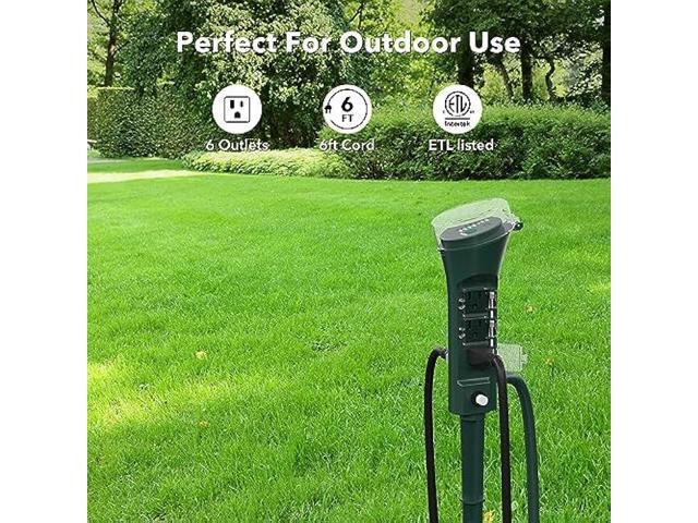 BN-LINK Outdoor Power Stake Timer, 100FT Wireless Remote Control, Dusk to Dawn Sensor for Outdoor Lights, 6 Grounded Outlets, 6ft Extension Cord,...