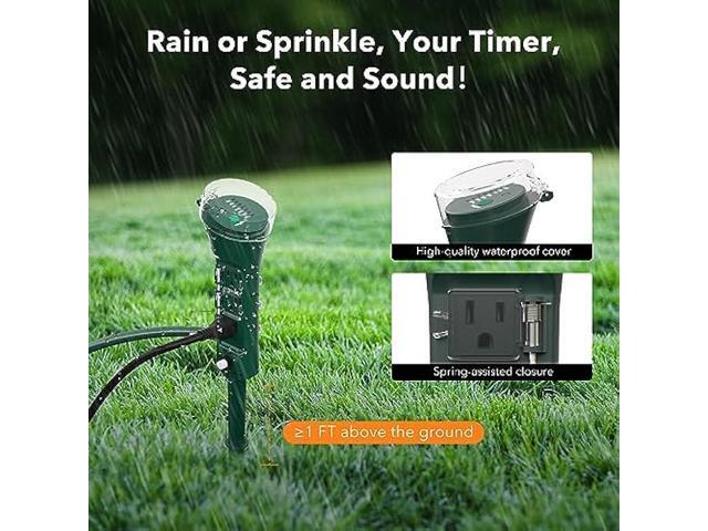 BN-LINK Outdoor Power Stake Timer, 100FT Wireless Remote Control, Dusk to Dawn Sensor for Outdoor Lights, 6 Grounded Outlets, 6ft Extension Cord,...