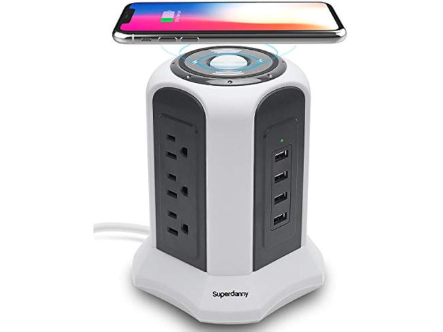 10ft Power Strip Tower Wireless Charger SUPERDANNY Surge Protector Extension Cord 10A 9-Outlet 4.5A 4 USB Electrical Charging Station Universal...