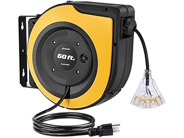 DEWENWILS Retractable Cord Reel, 60 FT Heavy Duty Extension Cord, 12AWG/3C SJTOW, 3 Grounded Outlets Lighted Triple Tap, 15A Circuit Breaker,...