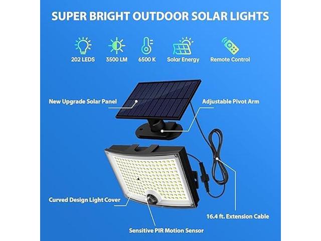 Adiding Solar Outdoor Lights, 2800LM 202 LED Solar Flood Lights, Motion Sensor Outdoor Lights Solar Powered-3 Modes/16.4ft Cord/Remote, Solar...