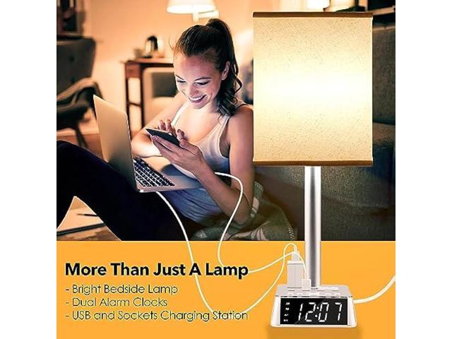 Yostyle Table Lamp Bedside Lamp with 4 USB Ports and AC Power Outlets, Alarm Clock Base w/ 5Ft Extension Cord, Square Oatmeal Fabric Lampshade...