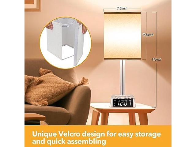 Yostyle Table Lamp Bedside Lamp with 4 USB Ports and AC Power Outlets, Alarm Clock Base w/ 5Ft Extension Cord, Square Oatmeal Fabric Lampshade...