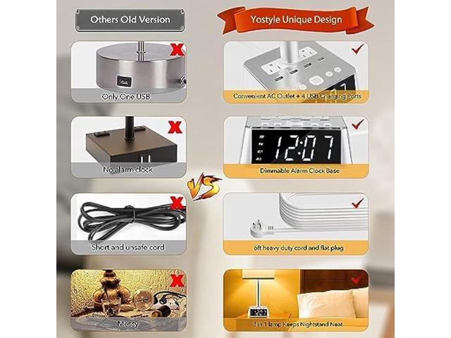 Yostyle Table Lamp Bedside Lamp with 4 USB Ports and AC Power Outlets, Alarm Clock Base w/ 6Ft Extension Cord, Square Oatmeal Fabric Lampshade...