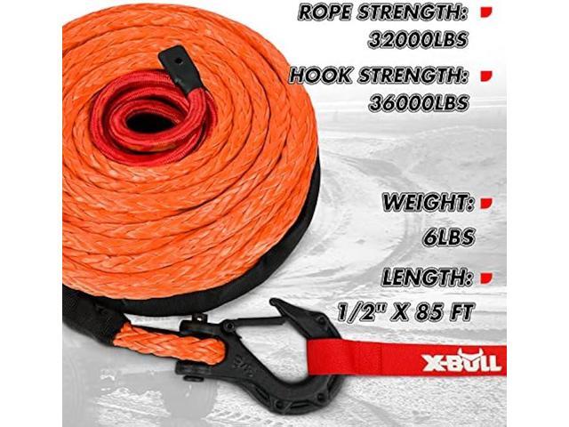 X-BULL Synthetic Winch Rope - Cable Kit -1/2 X 85ft 32000LBS Winch Line with Protective Sleeve Forged Winch Hook Safety Pull Strap go for 4WD Off...