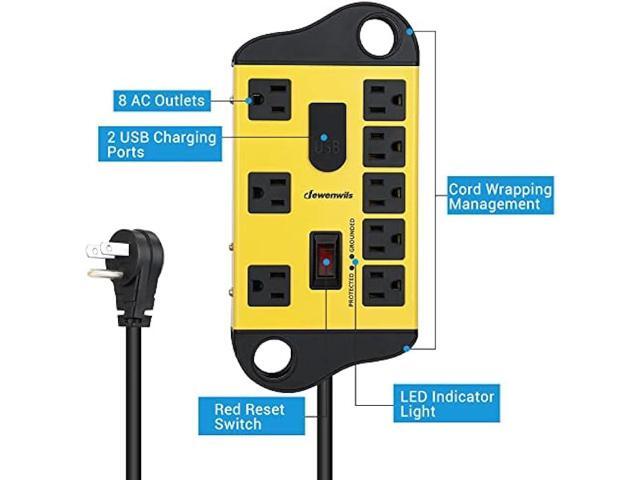 DEWENWILS 8-Outlet Metal Power Strip Surge Protector with 2 USB Ports,15 Ft Flat Plug Extension Cord, Heavy Duty Industrial Power Strip,15A Circuit...