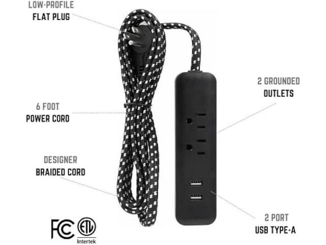 Clear Power 6 ft 2 Outlet + USB Charger Designer Fabric Indoor Flat Plug Extension Cord 16/3 SPT-2, 3 Prong Grounded Plug (Black), CP10054