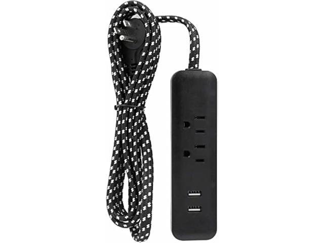 Clear Power 6 ft 2 Outlet + USB Charger Designer Fabric Indoor Flat Plug Extension Cord 16/3 SPT-2, 3 Prong Grounded Plug (Black), CP10054