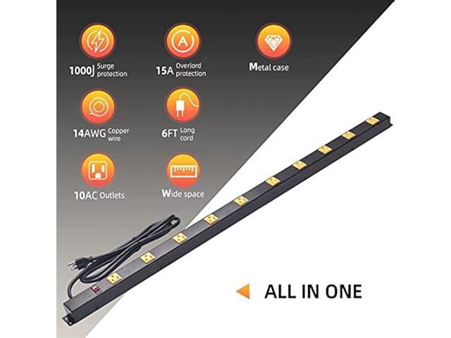 10-Outlet Heavy Duty Power Strip Surge Protector Metal Long Extension Cord 6-Foot, SGS Certified,Black(1000J)