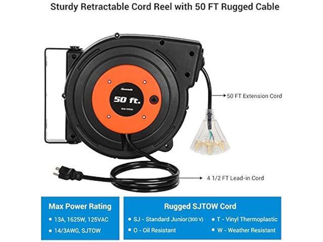 DEWENWILS Retractable Extension Cord Reel, 50 FT Heavy Duty Power Cord, 14AWG/3C SJTOW, 3 Grounded Outlets Lighted Triple Tap, 13 Amp Circuit...