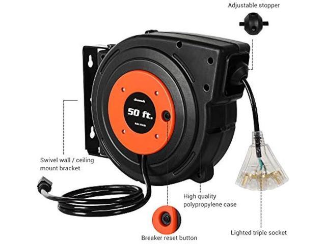 DEWENWILS Retractable Extension Cord Reel, 50 FT Heavy Duty Power Cord, 14AWG/3C SJTOW, 3 Grounded Outlets Lighted Triple Tap, 13 Amp Circuit...