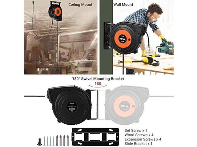 DEWENWILS Retractable Extension Cord Reel, 50 FT Heavy Duty Power Cord, 14AWG/3C SJTOW, 3 Grounded Outlets Lighted Triple Tap, 13 Amp Circuit...