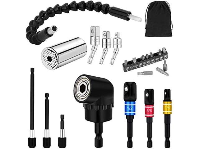 22pcs Flexible-Drill-Bit-Extension Set, 105°Right-Angle-Drill Attachment,Hex Shank Drill-Bit-Kit Rotatable Joint Socket 1/4 3/8 1/2 In Hex Socket...