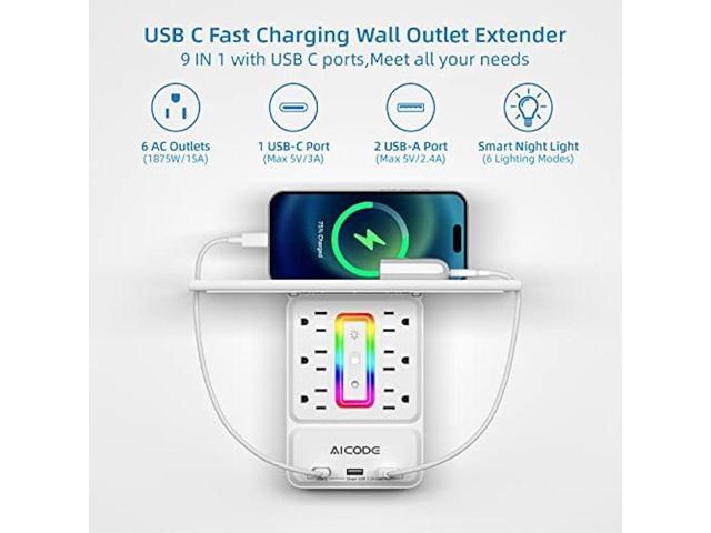 Socket Outlet Shelf AICODE Surge Protector with 6 Nightlight Wall Outlet Extender 6 Outlet with 3 USB Ports(1 USB C) Wall Plug Expander Charging...