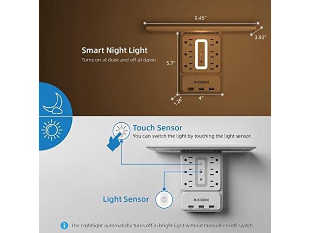 Socket Outlet Shelf AICODE Surge Protector with 6 Nightlight Wall Outlet Extender 6 Outlet with 3 USB Ports(1 USB C) Wall Plug Expander Charging...