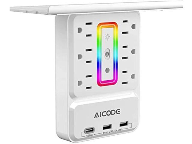 Socket Outlet Shelf AICODE Surge Protector with 6 Nightlight Wall Outlet Extender 6 Outlet with 3 USB Ports(1 USB C) Wall Plug Expander Charging...