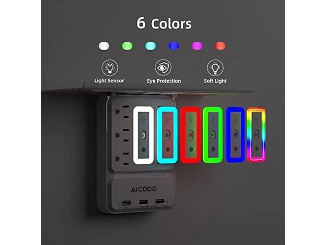 Socket Outlet Shelf AICODE Surge Protector with 6 Nightlight Wall Outlet Extender 6 Outlet with 3 USB Ports(1 USB C) Wall Plug Expander Charging...