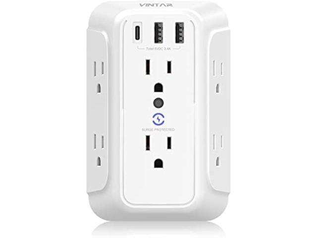 USB Wall Charger, Surge Protector, 6 Outlet Extender with 3 USB Charging Ports (1 USB C, 3.4A) 900J Power Strip Multi Plug Outlets, Wall Mount...