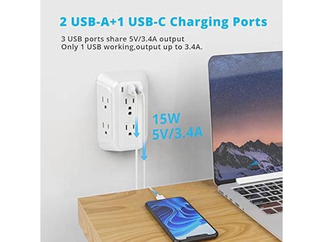 USB Wall Charger, Surge Protector, 6 Outlet Extender with 3 USB Charging Ports (1 USB C, 3.4A) 900J Power Strip Multi Plug Outlets, Wall Mount...
