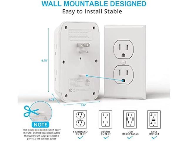USB Wall Charger, Surge Protector, 6 Outlet Extender with 3 USB Charging Ports (1 USB C, 3.4A) 900J Power Strip Multi Plug Outlets, Wall Mount...