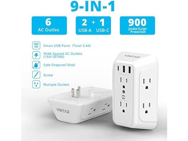 USB Wall Charger, Surge Protector, 6 Outlet Extender with 3 USB Charging Ports (1 USB C, 3.4A) 900J Power Strip Multi Plug Outlets, Wall Mount...