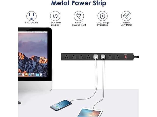 Metal 8 Outlet Mountable Power Strip with Switch,Wide Spaced Heavy Duty Wall Mount Power Strip Surge Protector 1200J,10FT 14AWG Braided Cord 15A...