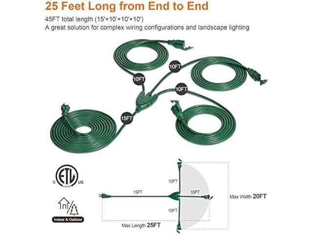 SURAIELEC Outdoor Extension Cord with Multiple Outlets, (15+10+10+10) 45FT Total, 25FT End to End, 1-3 Multi Plug Splitter, 16/3C SJTW, for...