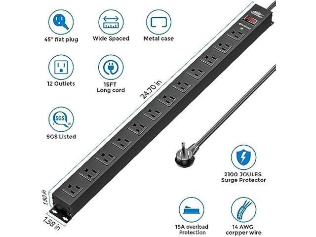 CRST 12-Outlet Metal Mountable Power Strip, 2100 Joules Heavy Duty Surge Protector Power Strip 15ft Long Cord with Flat Plug Wide Spaced Outlets...