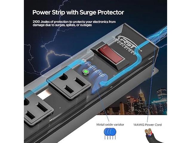 CRST 12-Outlet Metal Mountable Power Strip, 2100 Joules Heavy Duty Surge Protector Power Strip 15ft Long Cord with Flat Plug Wide Spaced Outlets...