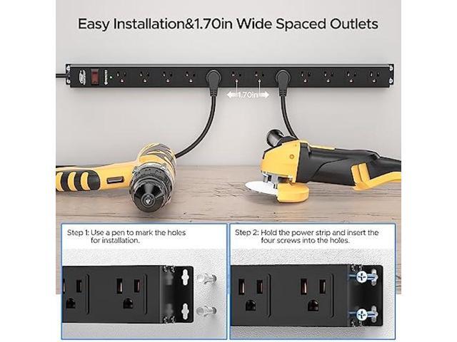 CRST 12-Outlet Metal Mountable Power Strip, 2100 Joules Heavy Duty Surge Protector Power Strip 15ft Long Cord with Flat Plug Wide Spaced Outlets...