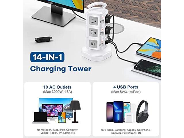Power Strip Tower Surge Protector, Retractable Extension Cord with Multiple Outlets, 10 AC Outlets with 4 USB Ports Charging Tower, Multi Plug...