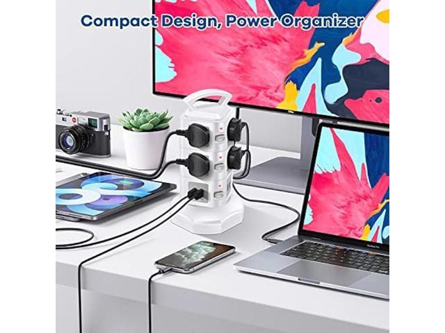 Power Strip Tower Surge Protector, Retractable Extension Cord with Multiple Outlets, 10 AC Outlets with 4 USB Ports Charging Tower, Multi Plug...