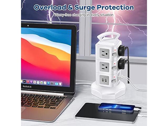Power Strip Tower Surge Protector, Retractable Extension Cord with Multiple Outlets, 10 AC Outlets with 4 USB Ports Charging Tower, Multi Plug...