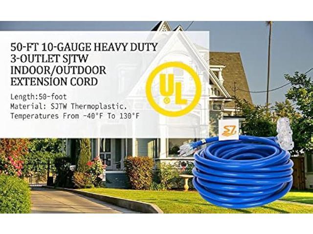 50-ft 10-Gauge Heavy Duty 3-Outlet SJTW Indoor/Outdoor Extension Cord by S7, Grounded 15-Amp Three-Prong Power-Cord with The End Light Up
