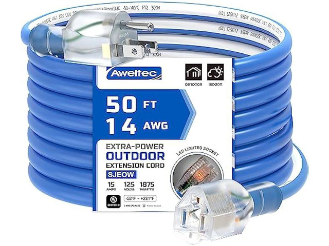 AWELTEC Outdoor 14/3 Extension Cord 14AWG 50FT 15Amp 1875Watts, TPE Rubber SJEOW (-58Â°F to +221Â°F) Lighted Power Cord, Blue + White, UL Certified...