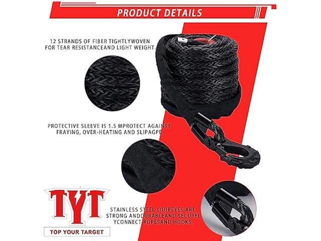 TYT Synthetic Winch Rope Kit - 1/2 x 92' with 32000 lbs Strength, Protective Sleeve, Heavy Duty Hook and Safety Pull Strap for Off-Road 4x4...