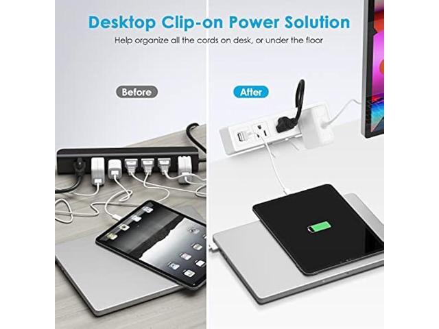 3 AC Outlet Desk Clamp Power Strip White, Desk Mount USB Charging Power Station, Removable Desktop Edge Power Center Plugs Output...