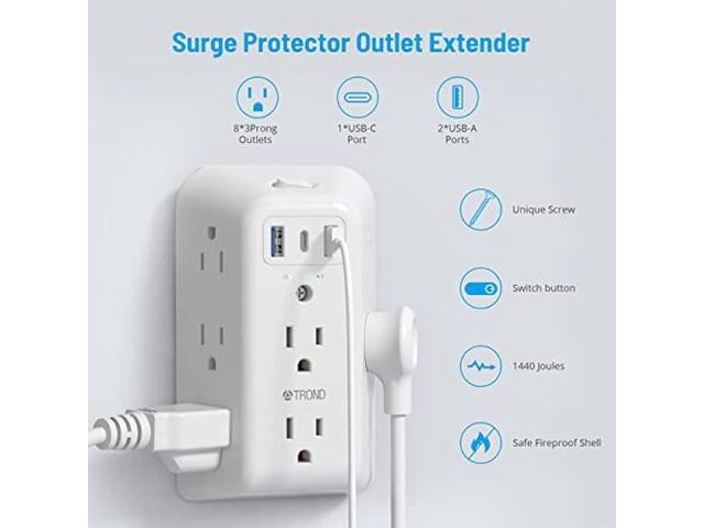 Outlet Extender Surge Protector - TROND 8 Outlet Splitter with 3 USB Ports (1 USB C), Multiple Plug Expander with ON/Off Switch, 3 Sided Multi Plug...