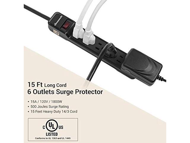 DEWENWILS 2-Pack Power Strip Surge Protector,15 Ft Extra Long Extension Cord, Low Profile Flat Plug,15 Amp Circuit Breaker, 500 Joules, Wall Mount,...